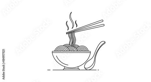 Hot steaming noodles with chopsticks and a spoon in a simple line art illustration Vector