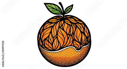 Stylized orange illustration with intricate leafy patterns and dotted texture Vector