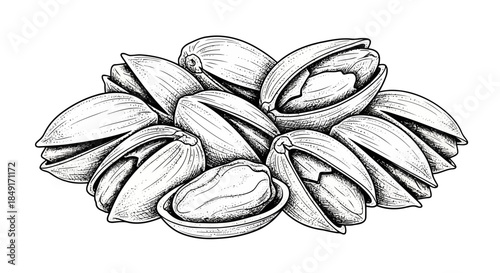 Detailed hand-drawn sketch of a cluster of pistachios, some in shell and one shelled Vector