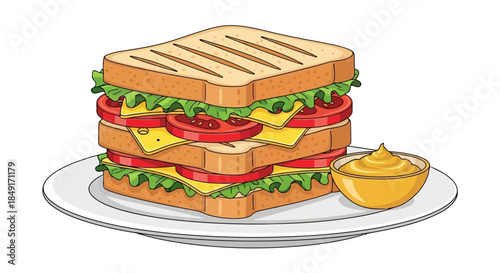 A delicious grilled club sandwich with fresh vegetables and cheese served with a side of dipping sauce Vector