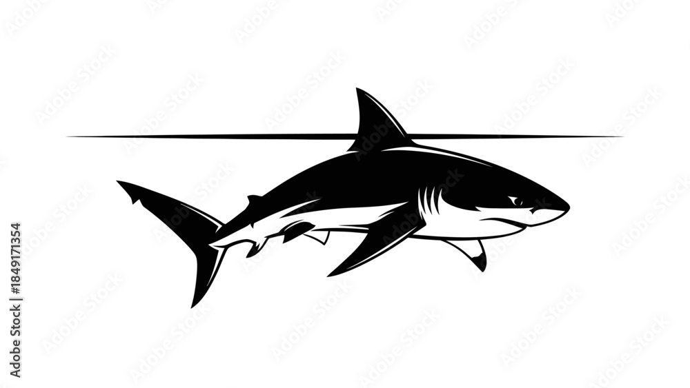 Obraz premium Silhouette Illustration of a Great White Shark Beneath the Water Surface with Provocative Presence