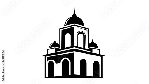 Stylized silhouette of a grand historical castle or cathedral with multiple towers and domes in
