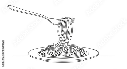 Continuous line drawing of spaghetti twirled on a fork above a plate Vector