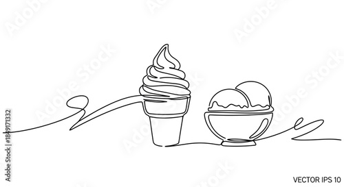 Continuous line drawing of an ice cream cone and scoops in a bowl, minimalist art Vector