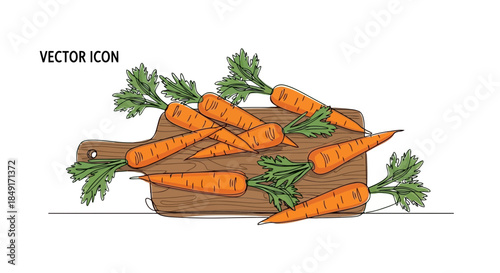 Freshly harvested carrots with vibrant green tops arranged on a rustic wooden cutting board Vector