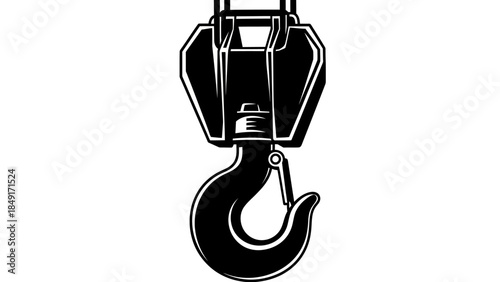 Minimalist illustration of an industrial crane hook with detailed mechanical design emphasizing