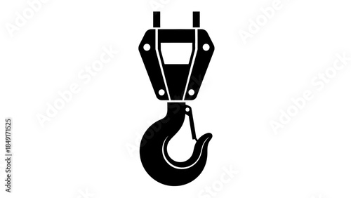 Minimalist black silhouette of an industrial crane hook with lifting apparatus for heavy-duty