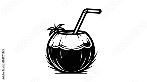 Stylized black and white vector illustration of a tropical coconut drink with straw for summer or