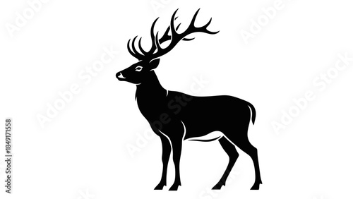 Stylized silhouette of a majestic deer with large antlers standing in profile on a plain white