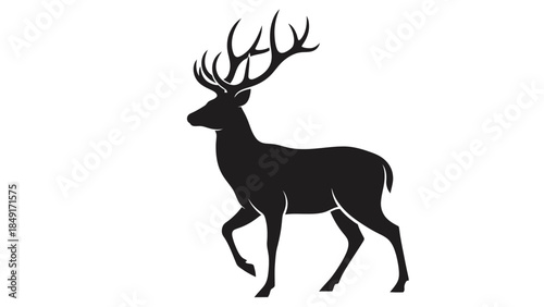Silhouette of a majestic stag with large antlers standing in profile on a plain white background