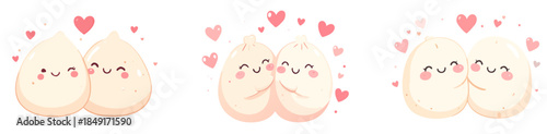 Kawaii Valentine Dumpling Couples Vector Set – Cute Flat Cartoon Dumplings with Hearts and Love Expressions