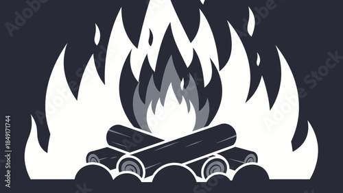 animated illustration of a campfire with logs surrounded by stylized flames and sparks in dark