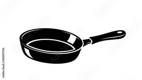 Silhouette of a non-stick frying pan with a long handle in black and white