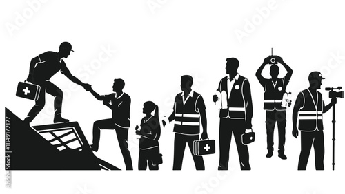 Construction workers team helping each other climbing up stairs to success in business and career development with tools and safety vests on, teamwork and support concept in industrial and building...