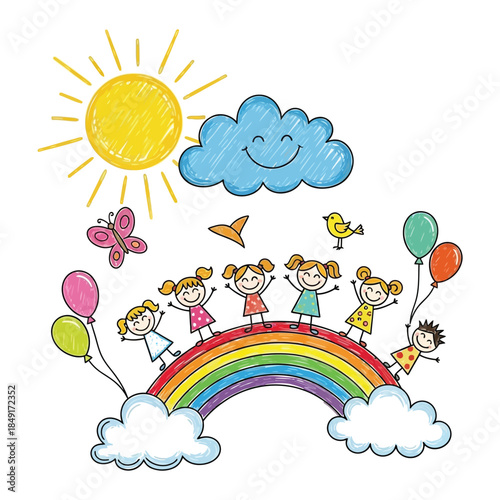 Children playing on a rainbow bridge under a sunny sky