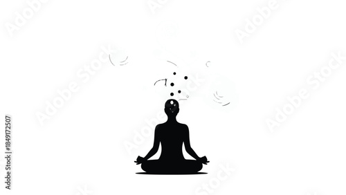 Meditating woman in yoga lotus position with floating particles and serenity, peaceful and calm, mindfulness and relaxation concept in studio