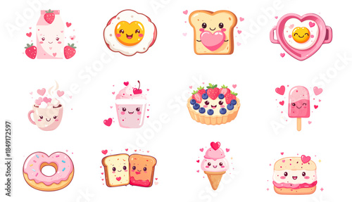 Kawaii Valentine Dessert Icons Vector Set – Cute Flat Cartoon Sweets, Drinks, and Treat Characters with Hearts