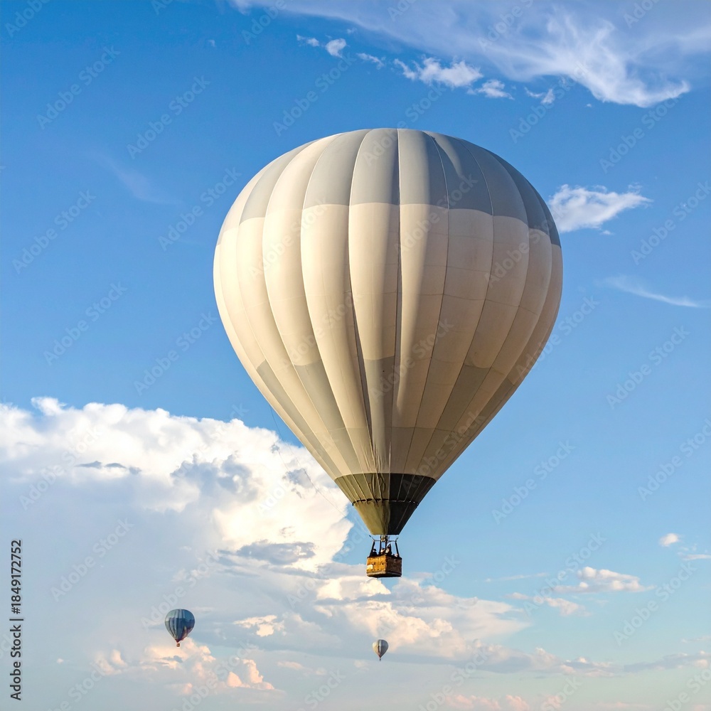 Naklejka premium Hot air balloon soaring in bright blue sky with scattered clouds scenic view