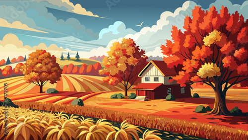Very beautiful October scene in Wausau, Wisconsin, showing red and orange maple trees beside a golden cornfield, capturing rural autumn harmony and strong seasonal color contrast.