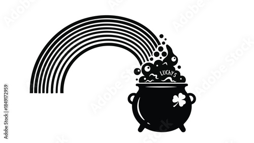 St. Patrick's Day pot of gold rainbow black icon with shamrock symbol and bubbling treasure