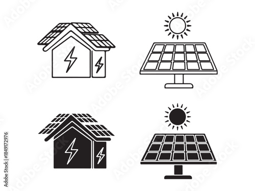 Solar panels on house roof and standalone solar panel icons