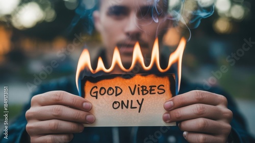 Man holding burning paper with good vibes only message outdoors