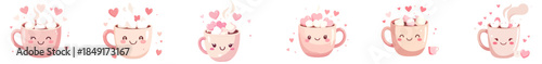 Kawaii Valentine Hot Cocoa Mugs Vector Set – Cute Flat Cartoon Coffee Cups with Marshmallows and Hearts