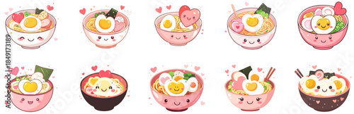 Kawaii Ramen Bowl Characters Vector Set – Cute Flat Cartoon Noodle Soup with Hearts and Smiling Faces