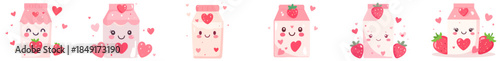 Kawaii Valentine Strawberry Milk Bottles Vector Set – Cute Flat Cartoon Milk Drink Characters with Hearts