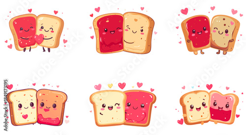 Kawaii PB&J Valentine Couples Illustration Set – Cute Peanut Butter and Jelly Toast Vector