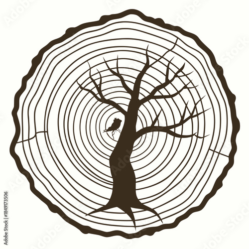 Tree cross section with bird