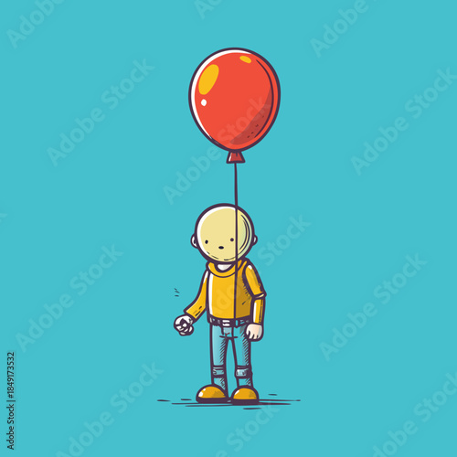 9Character holding a red balloon in a simple blue background during a playful moment
