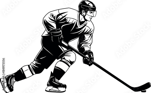 Black and White Illustration of Professional Ice Hockey Player Skating with Stick and Puck, Dynamic Winter Sports Action.