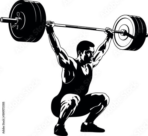 Black and White Illustration of Strong Male Weightlifter Lifting Heavy Barbell, Professional Sports Powerlifting Action Isolated on White,