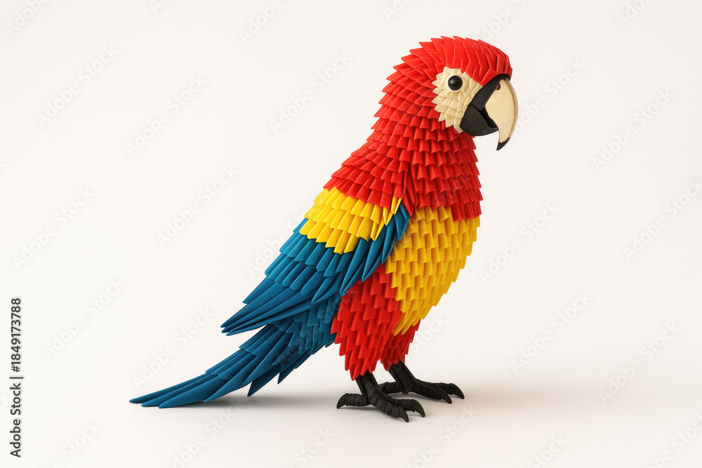 Fototapeta premium Origami parrot made of colored paper on a light background. Space for text.