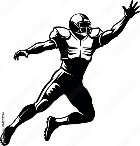 Black and White Silhouette of American Football Player Jumping to Catch Ball, Professional Sports Action Isolated on White,