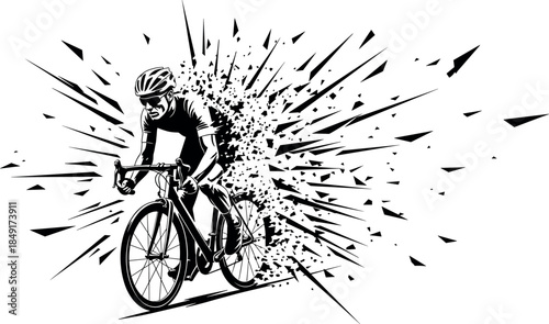 Black and White Silhouette of Cyclist on Road Bike with Dynamic Explosive Speed Effect, Action Sports Vector Illustration.