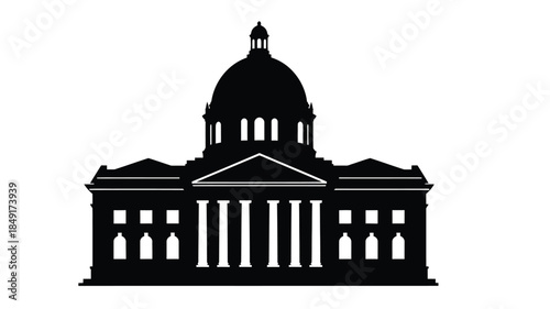 A striking black silhouette of a classical building with a prominent dome and detailed facade