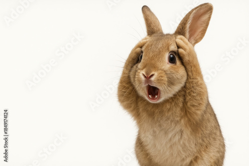 The surprised rabbit holds its paws to its head. Space for text.