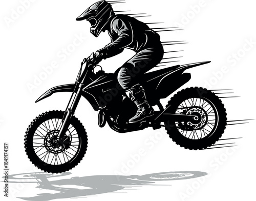 Black And White Silhouette Of Professional Motocross Rider Jumping on Motorcycle, Dynamic Off-Road Dirt Bike Action Isolated Vector,