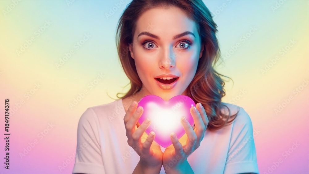 Naklejka premium Surprised young woman holding glowing pink heart. Happy female with symbol of love for valentine's day. Charity and health concept on colorful background