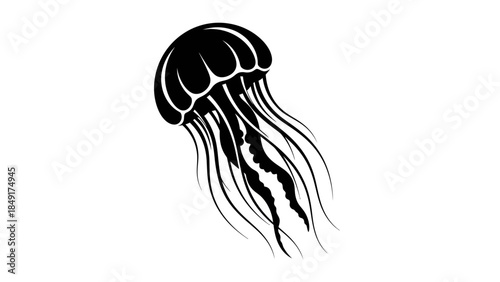 Minimalist black and white silhouette of a jellyfish floating gracefully in the ocean