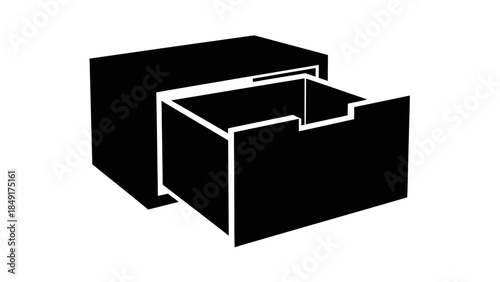 Minimalist black and white illustration of an open hinged drawer unit for storage and organization