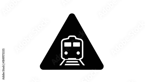 Minimalist black and white train warning sign indicating caution on railway tracks