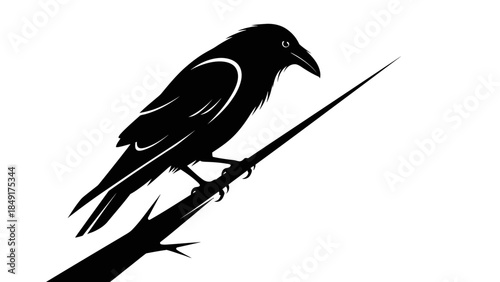Minimalist black and white silhouette illustration of a bird perched on a branch emphasizing