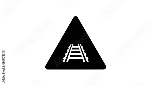 Minimalist Black Triangle Warning Sign Indicating Train Tracks for Safety and Navigation