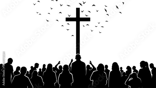 Crucifixion of Jesus Christ with Crosses and Sacred Doves Silhouette