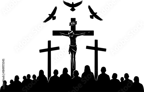 Crucifixion of Jesus Christ with Crosses and Sacred Doves Silhouette