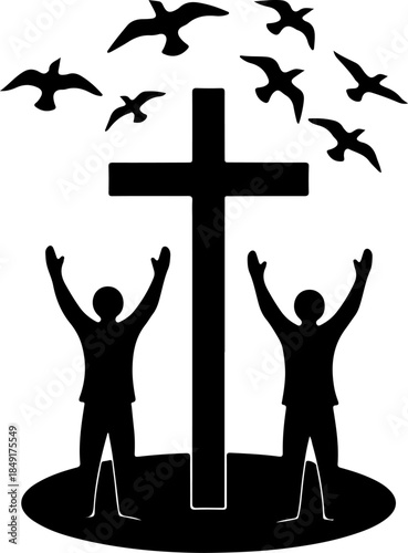 Crucifixion of Jesus Christ with Crosses and Sacred Doves Silhouette