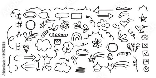 Line cute element set. Hand-drawn sketch doodle style arrow, cloud, star with marker stroke pencil highlight. Doodle sketch heart, star, cloud cartoon sticker shapes